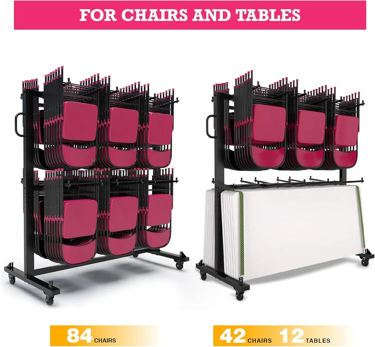 Folding Chair Rack - Folding Chair Cart | Folding Chair Storage Rack On Wheels - Foldable Chair Holder And Table - Heavy Duty