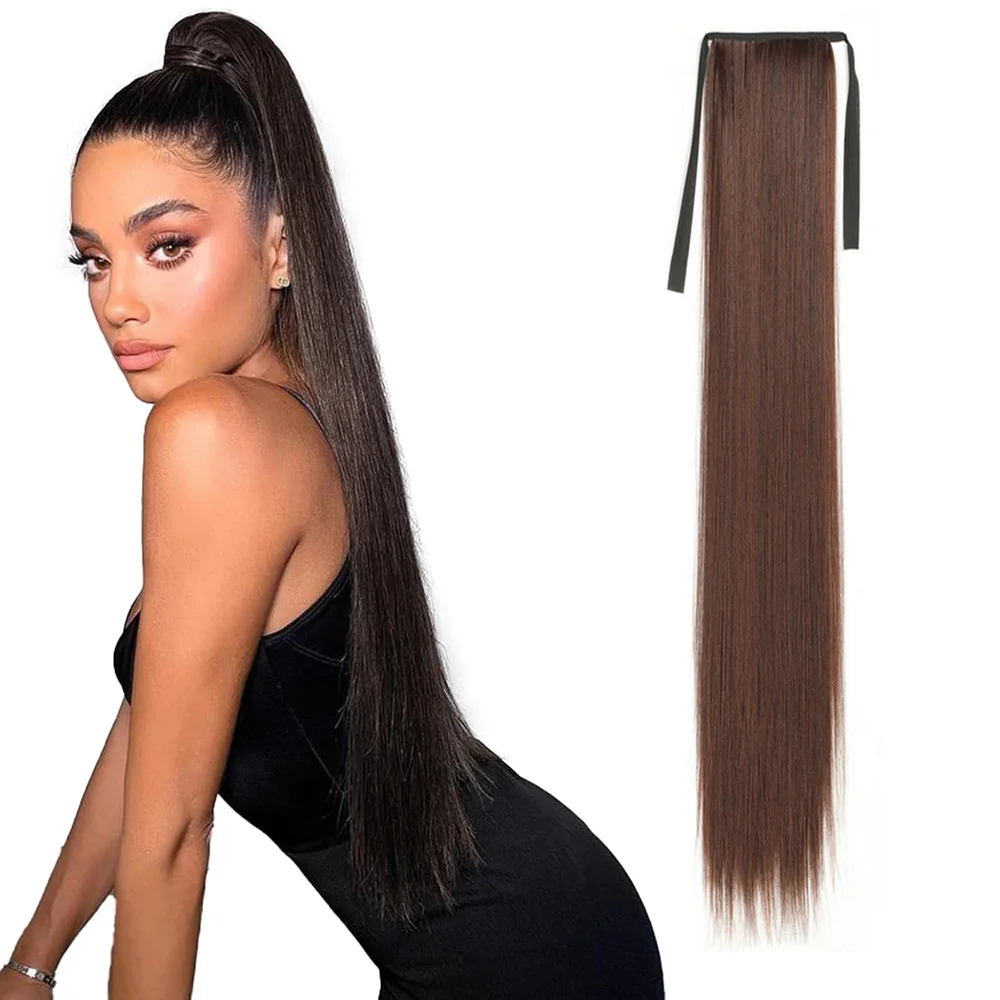 Synthetic Hair Short&Super Long Straight Ponytails Extension Women's Drawstring Pony Hairpieces Black Brown Color