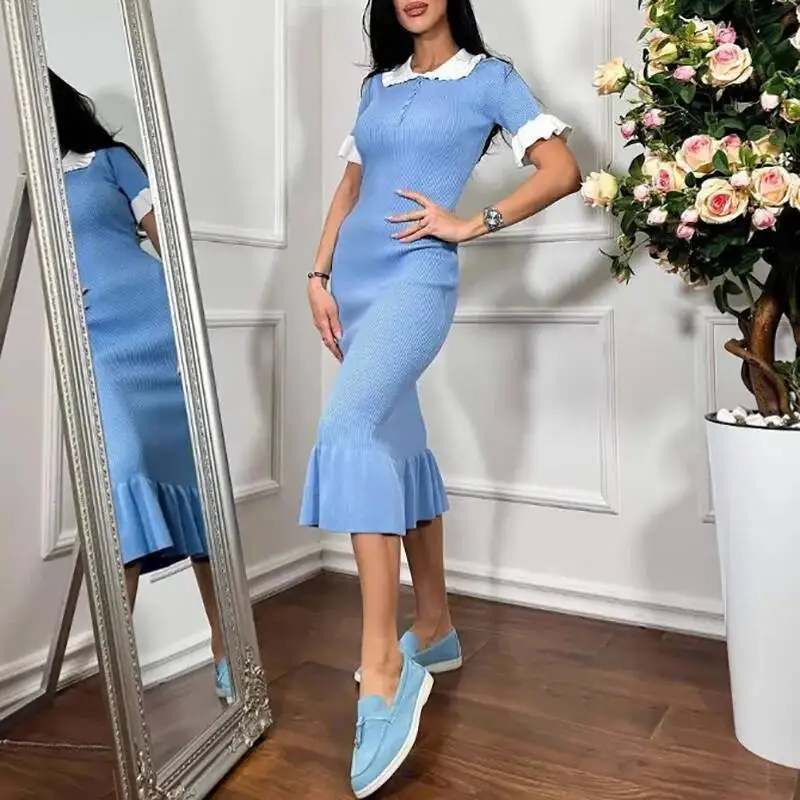 Office Ladies Elegant Button Lapel Shirt Women Spring Solid Rib Knitted Long Dress Summer Short Sleeve Ruffle Slim Dresses