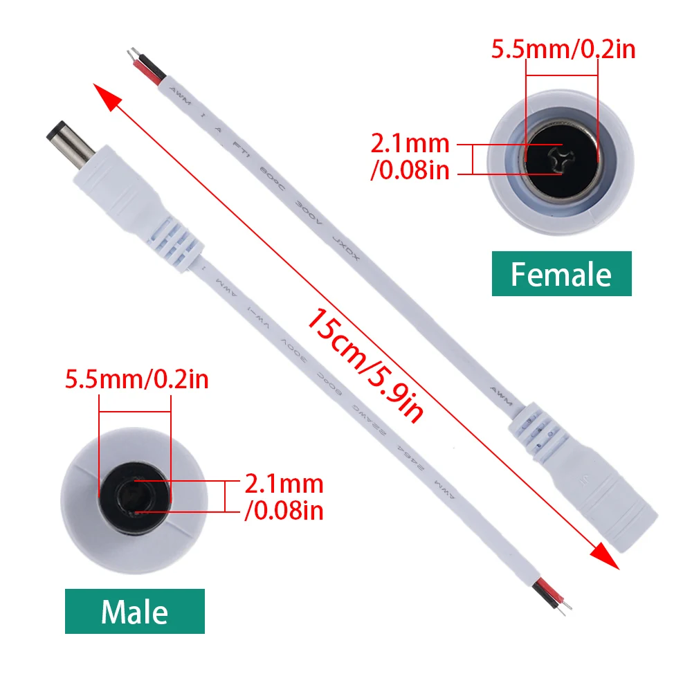 LED 스트립 조명용 피그테일 케이블 와이어 커넥터 어댑터, 백색 DC 전원 플러그 잭, 암수 케이블, 12V, 5.5x2.1mm, 5 개, 10 개