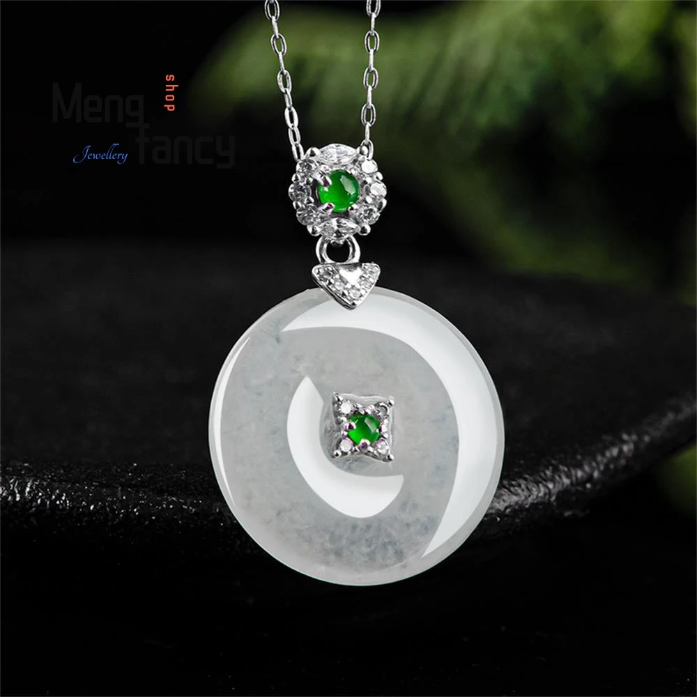 Natural A-goods Jadeite Peace Buckle Pendant S925 Silver Inlay Ice Jade Exquisite Elegant Luxury Fashion Jewelry Holiday Gift