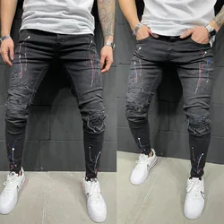 Men Spliced Pencil Pants Denim Ankle Length Jeans Print Pockets Streetwear Mid Waist Washed Distressed Ripped Skinny Vintage