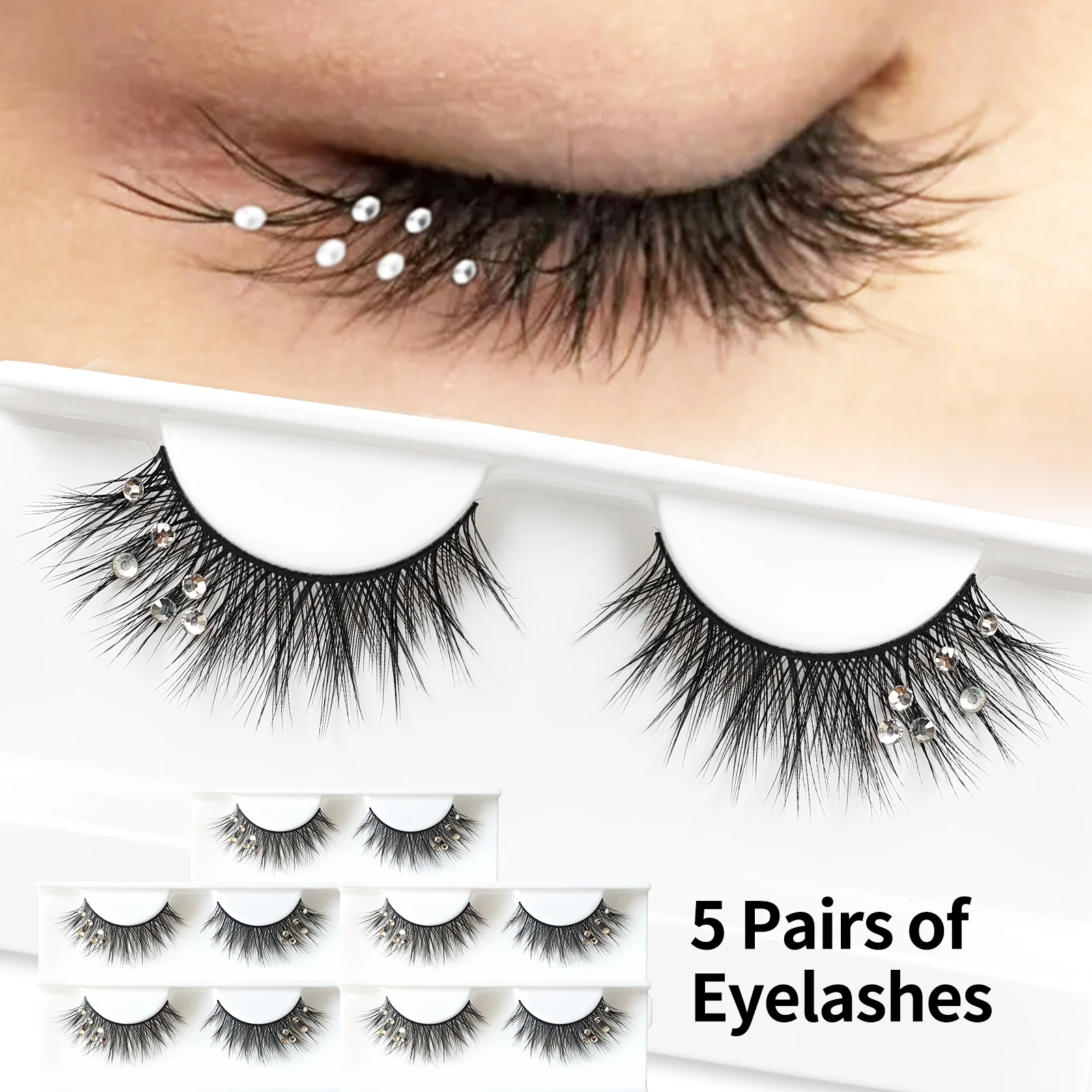 5 أزواج من رموش الحفلات الماسية، رموش زفاف فضيية لامعة راقية