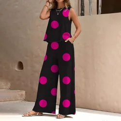 Summer Polka Dot Print Casual Pants Suit Crew Collar Sleeveless Vest Wide Leg Pants Suit Spring Summer Women 2024 New Model