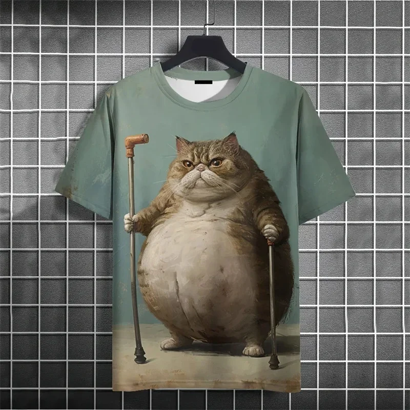 Fashion Men Cute Chubby Cat 3D Print T-Shirt Funny Cartoon Cat In Clothes Animal Graphic Crew Neck Teal Short Sleeve Tee Tops
