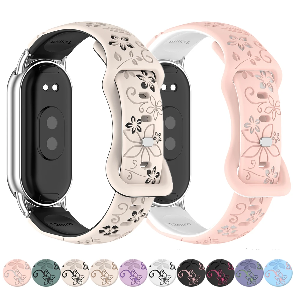 Silicone Strap For Xiaomi Band 9 NFC Smart Watch Breathable Watchband for Xiaomi Band 8 NFC Flower 3D Engraved Bracelet