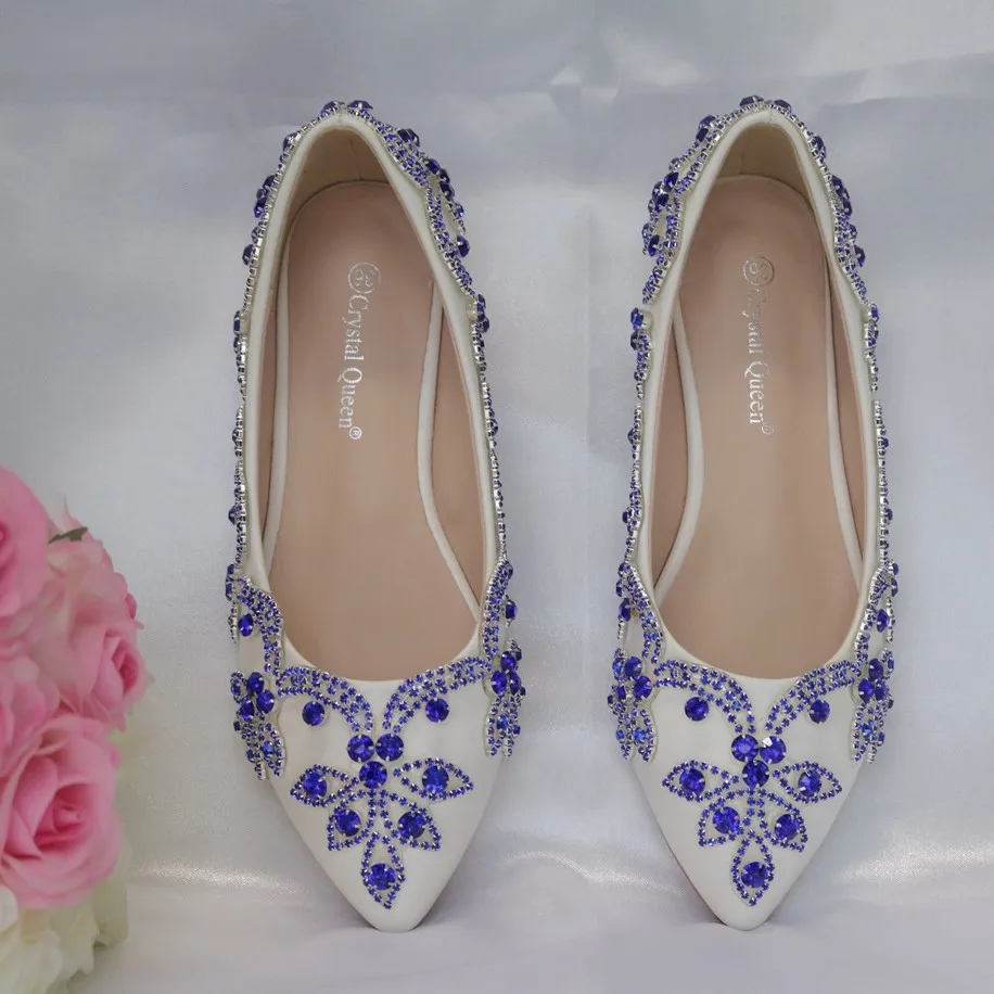 Blue rhinestone pointed flat bottomed casual single shoes for foreign trade, flat heel plus size women's shoes