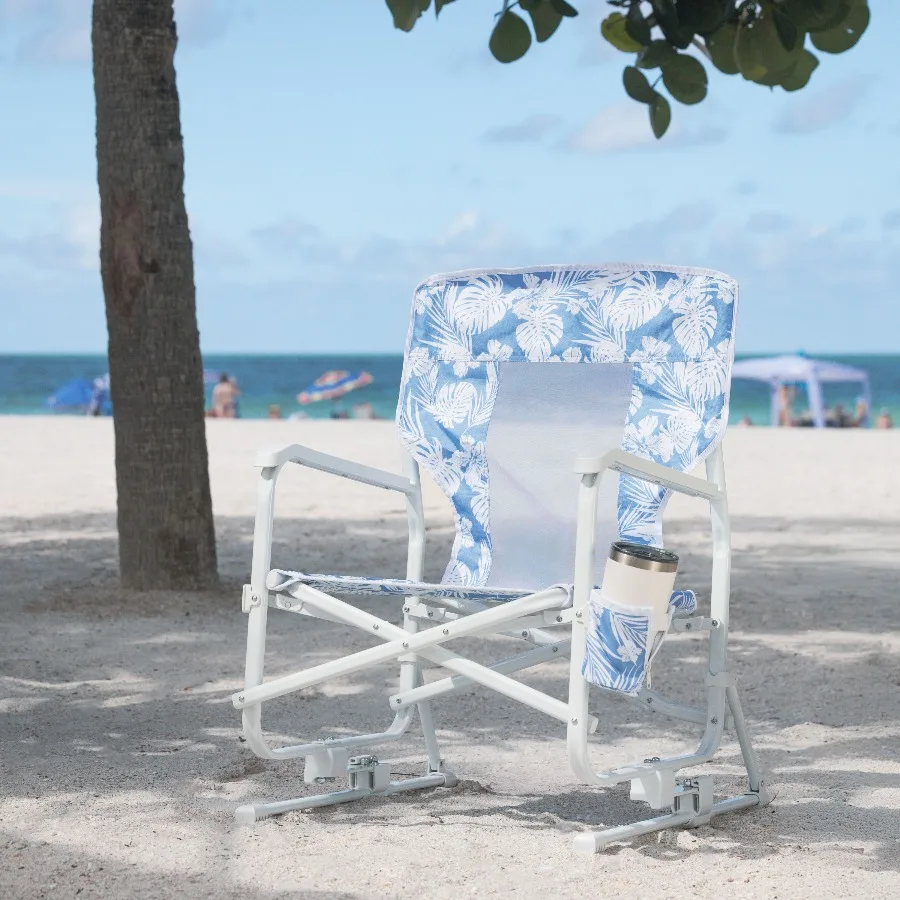 Mainstays Blue Low‑Sitting Beach Rocking Chair Palm Print Portable Outdoor Leisure Rocker Seat for Beach Patio Backyard Camping