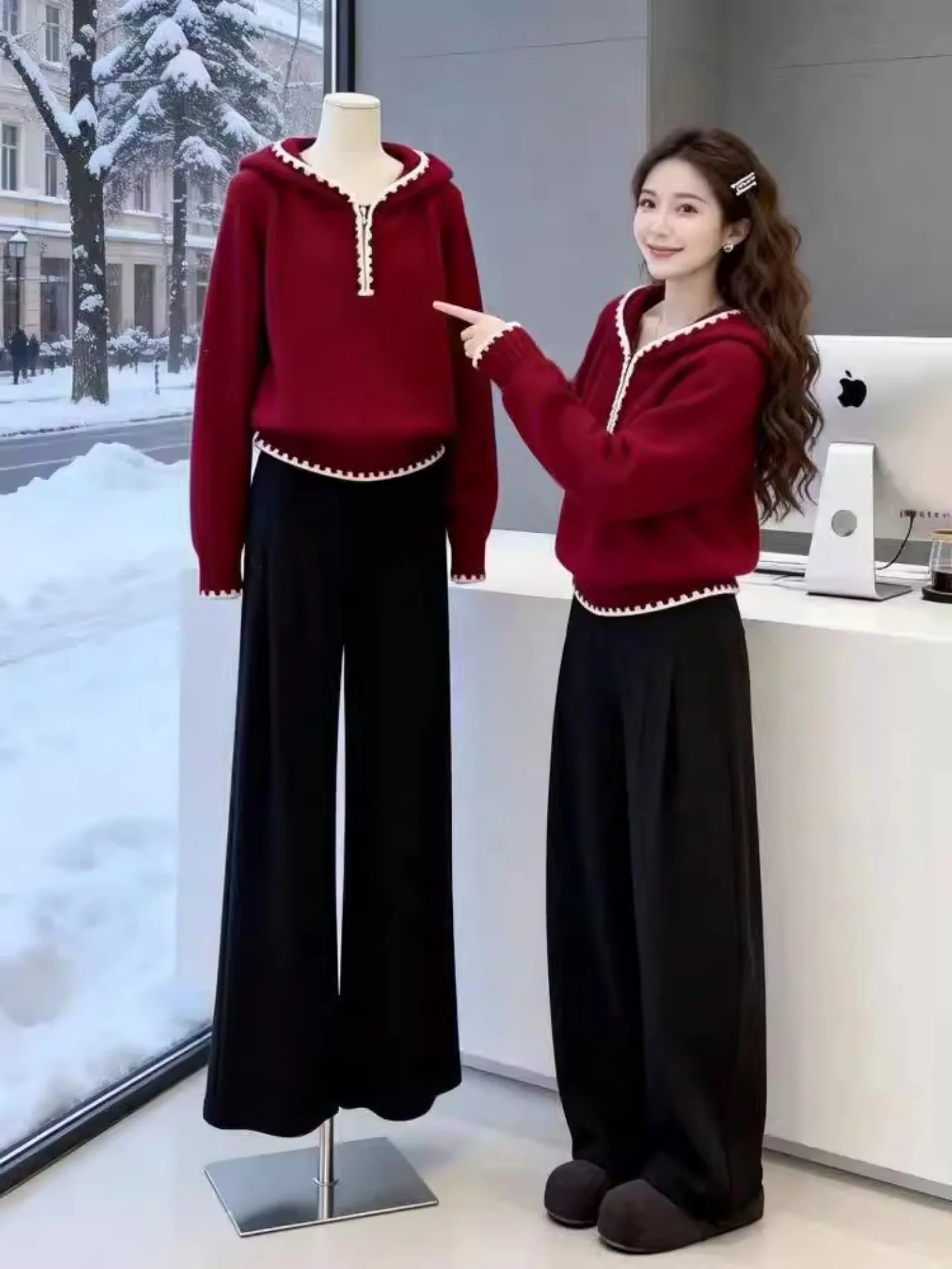 

Red Hooded Long Sleeve Women's Knitted Sweater Lazy Style Loose Fit Spring 2026 Trendy Top Casual Comfortable plus Size