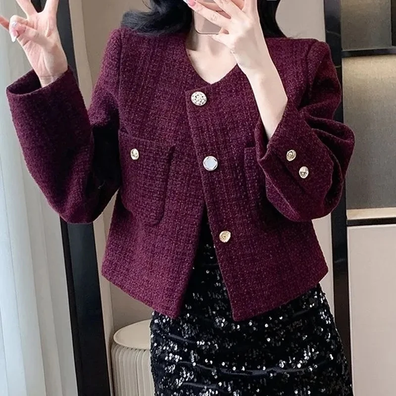 

New Autumn Winter Women Tweed Coat Korean Fashion Single Breasted Cropped Jacket Woman Elegant Loose Short Outerwear Clothes3451