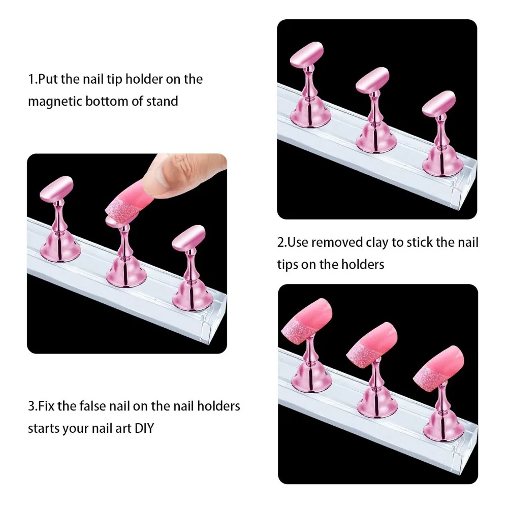 Pink Nail Stand Set for Press-On Nails Display, Magnetic Holder, Starter Acrylic Nail Art Kit Accessories