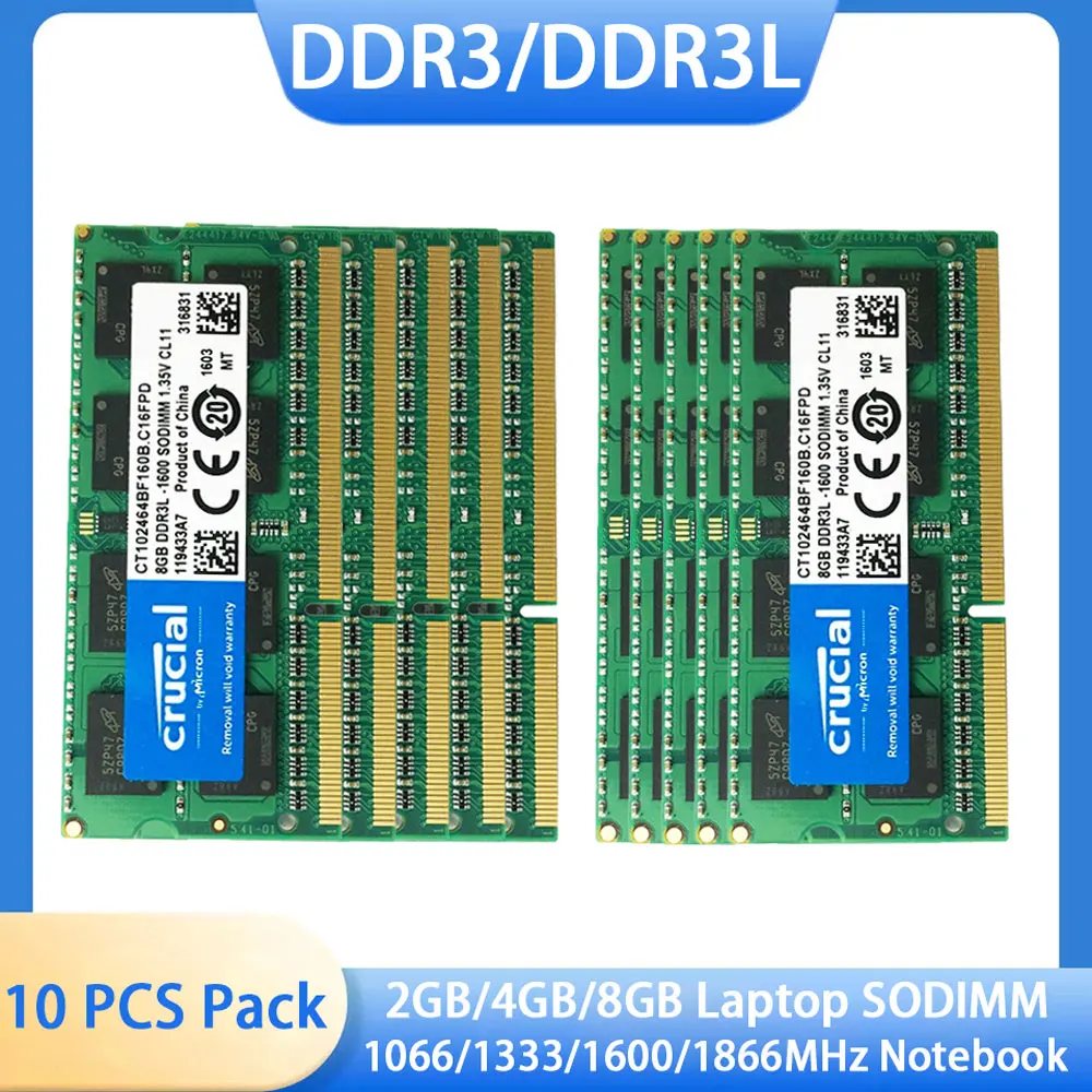 10PCS Crucial Laptop RAM DDR3 DDR3L 2GB 4GB 8GB 1066 1333 1600 1866MHz SODIMM 1.5V 1.35V PC3L-12800 14900 204Pin Notebook RAMs