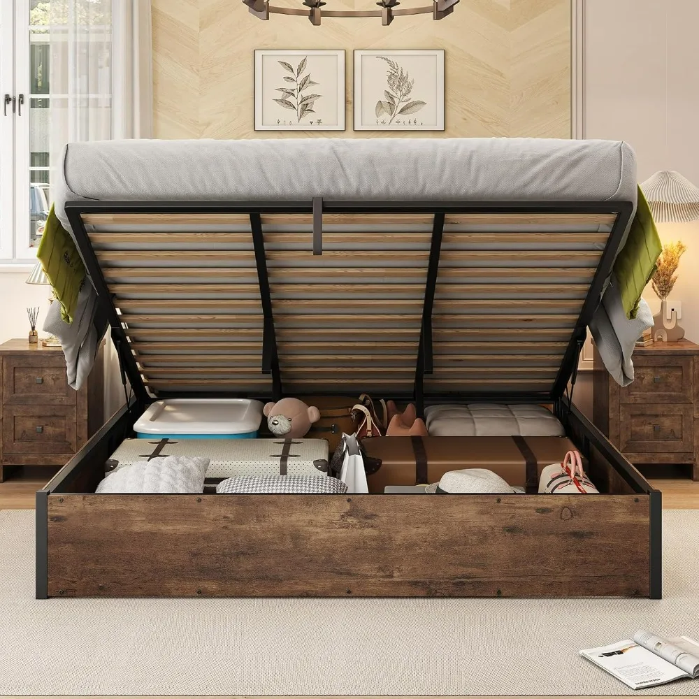 Lift Up Storage Bed, Bed Frame with Storage Underneath, Wooden Platform Bed Frame, Solid Wood Slats Support, No Fixed Headboard