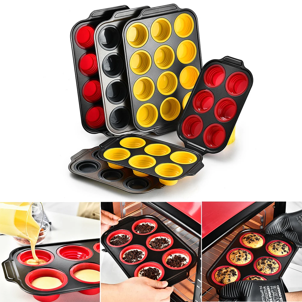 

6/12 Grids Press Type Silicone Muffin Pan Nonstick Cake Tart Mould Carbon Steel Oven Baking Pan Omelet Maker Easy to Remove