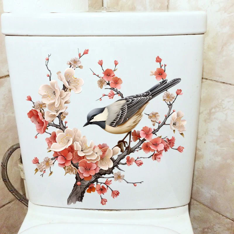 

Little Birds On Flower Branches Creative Bathroom Decoration Stickers Waterproof Toilet Stickers Self-adhesive Decals S209