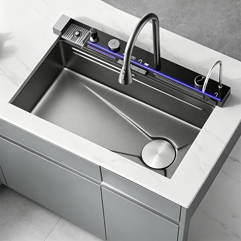 Handmade Stainless Steel Large Single Bowl Kitchen Sink Waterfall Faucet Digital Display Knife Holder Washing Basin