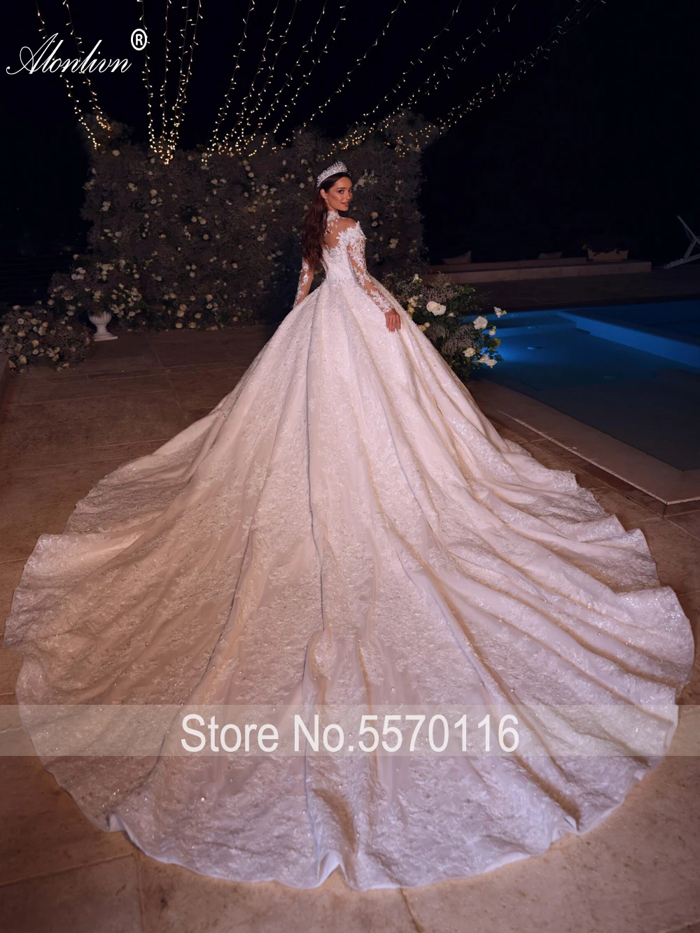 Alonlivn Luxus Perlen Perlen Ballkleid Brautkleid volle Ärmel hoher Kragen Applikationen Spitze Braut rock Vestido de Noiva