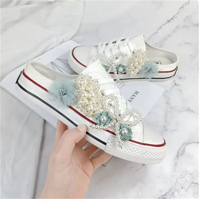 

Heelless lazy canvas shoes all casual slip-on shoes heavy nail bead board shoes