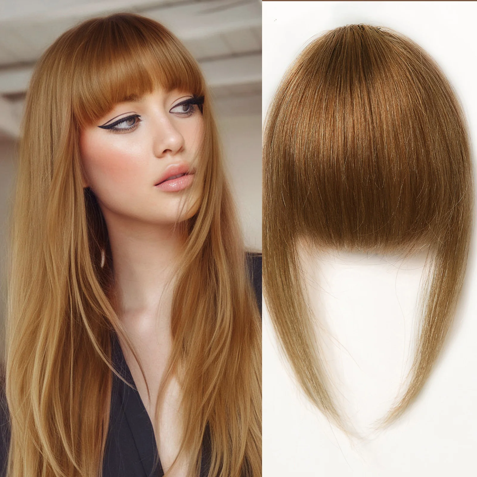 

100% челка из натуральных волос, медово-коричневая заколка для волос с тонкой челкой, бахрома с висками, шиньон для женщин, заколка на воздушной челке 4,5 дюйма