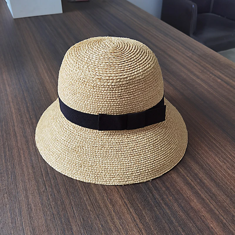 100% Natural raffia straw hand weaved bucket hat women straw hat wide brim foldable