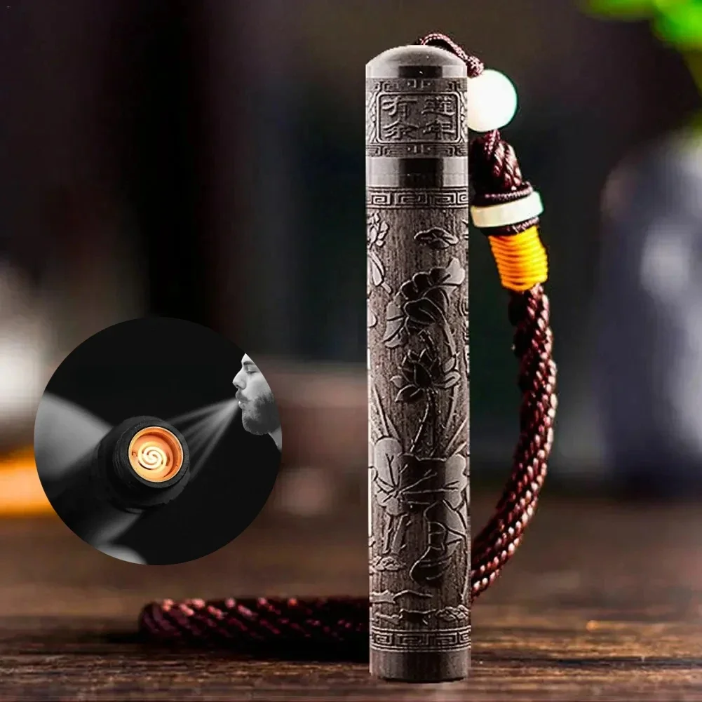 Carving Sandalwood Electronic Lighter Portable USB Rechargeable Lighter Vintage Wooden Blowing Ignition Men's Cool Gadgets Gift