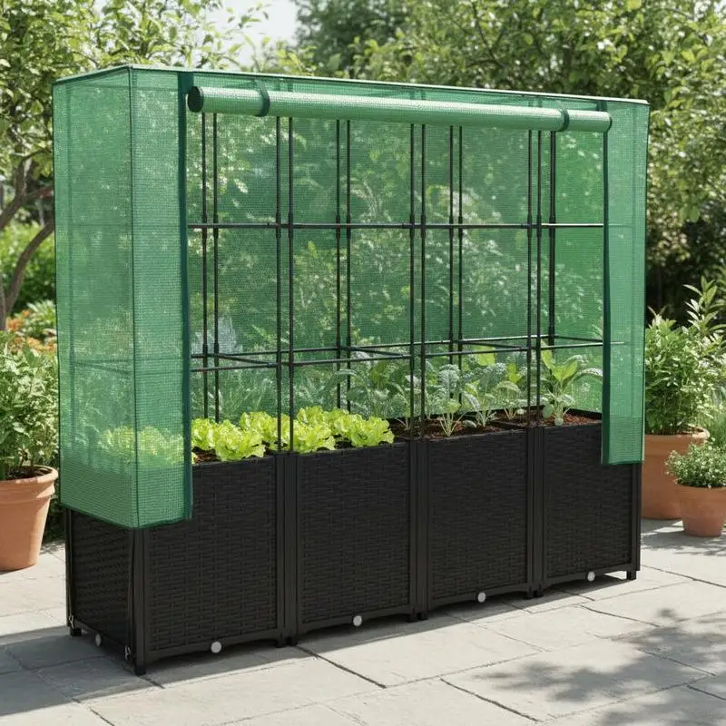 160 x 40 x 153 cm Pots à fleurs surélevés avec un aspect en rotin tressé. Fabriqués en polypropylène avec un robuste cadre métallique pour faciliter la croissance des plantes, ces pots sont livrés avec un couvercle en polyéthylène pour protéger les plantes des insectes, des oiseaux et des petits animaux.