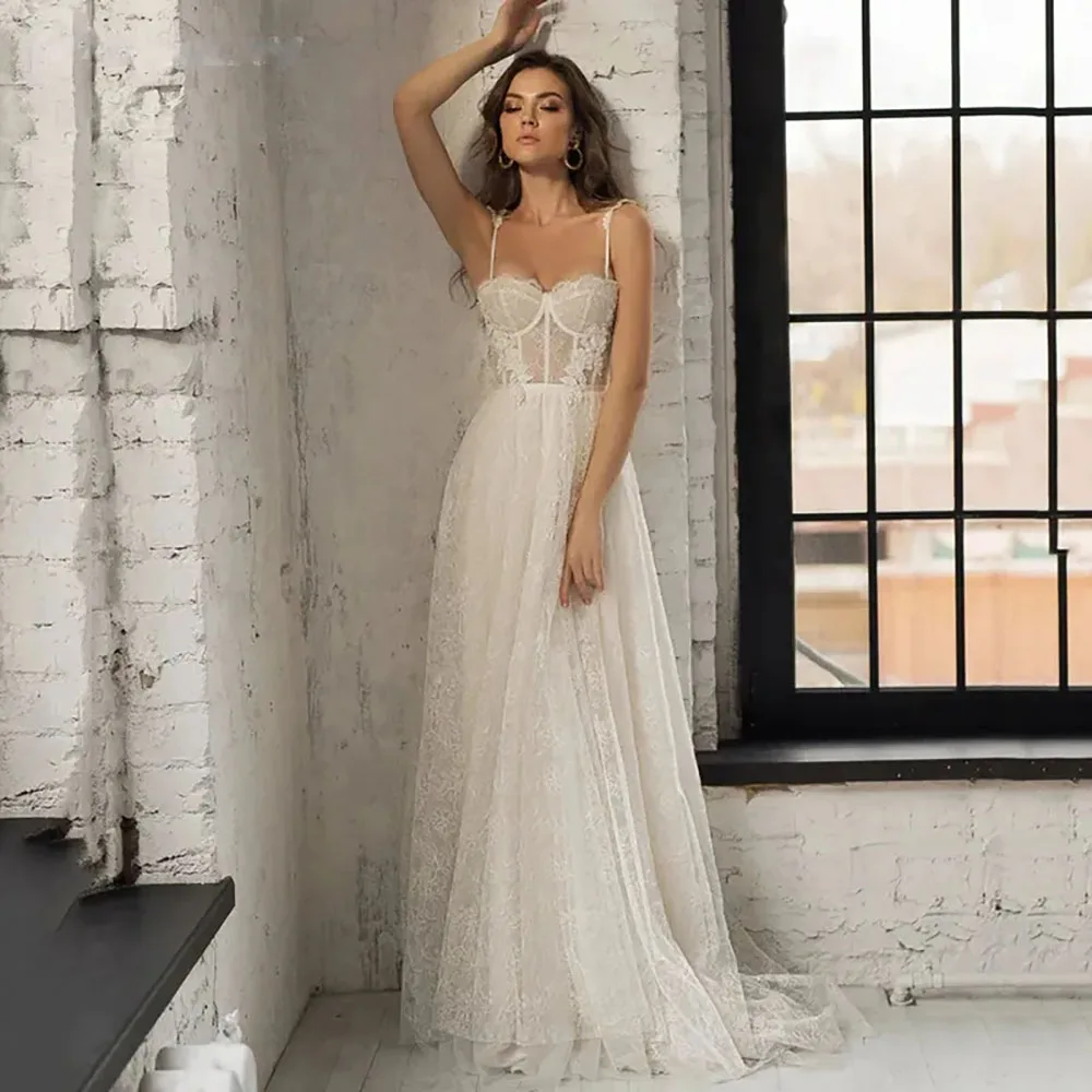 

Spaghetti Strap A Line Wedding Dresses Full Lace Vintage Bride Dress Sleevelss Backless Custom Bridal Gowns