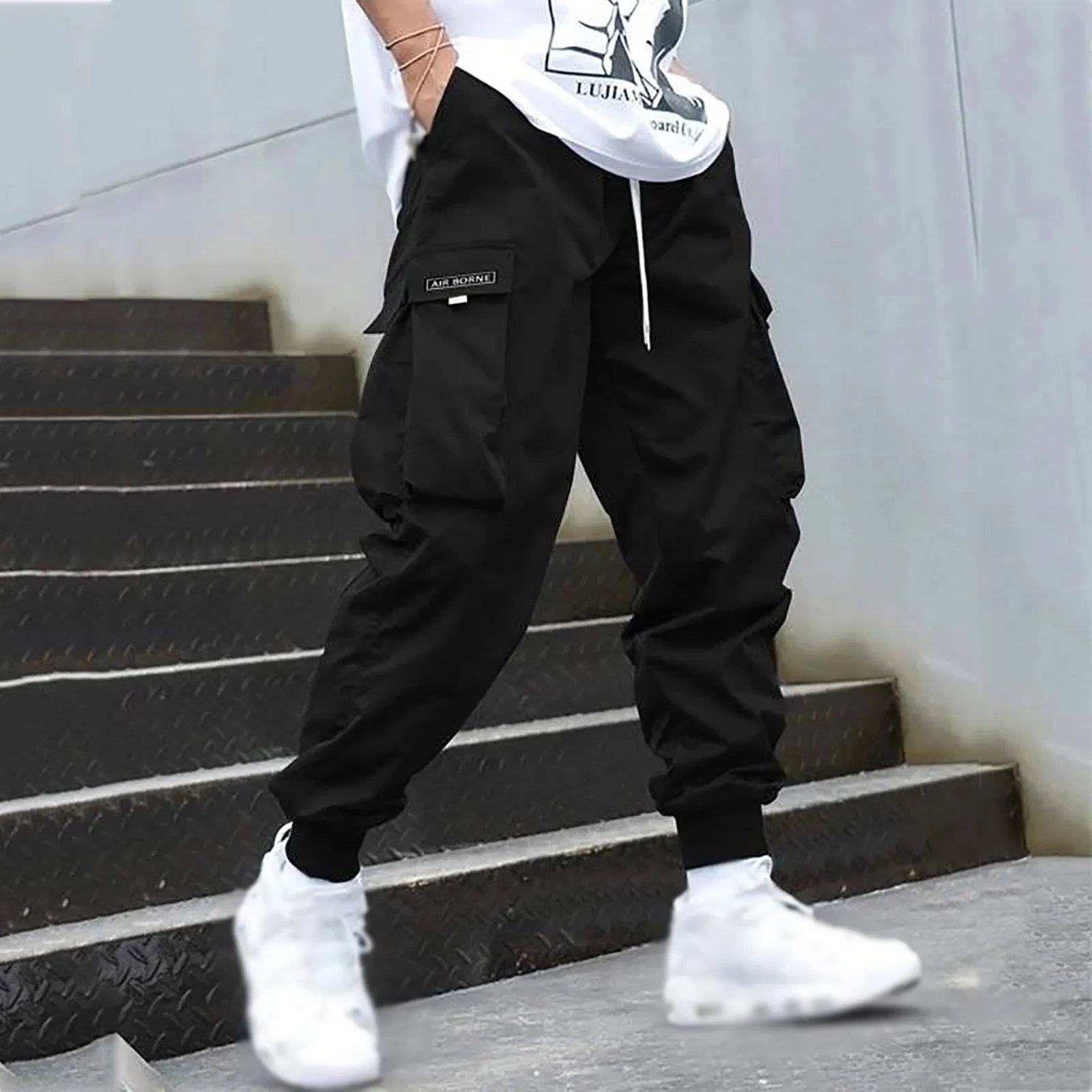 Fashion Men Cargo Pants Mens Trousers Hip Hop Joggers Pockets Purple Men Streetwear Sweatpants Korean Ankle-Length Pants