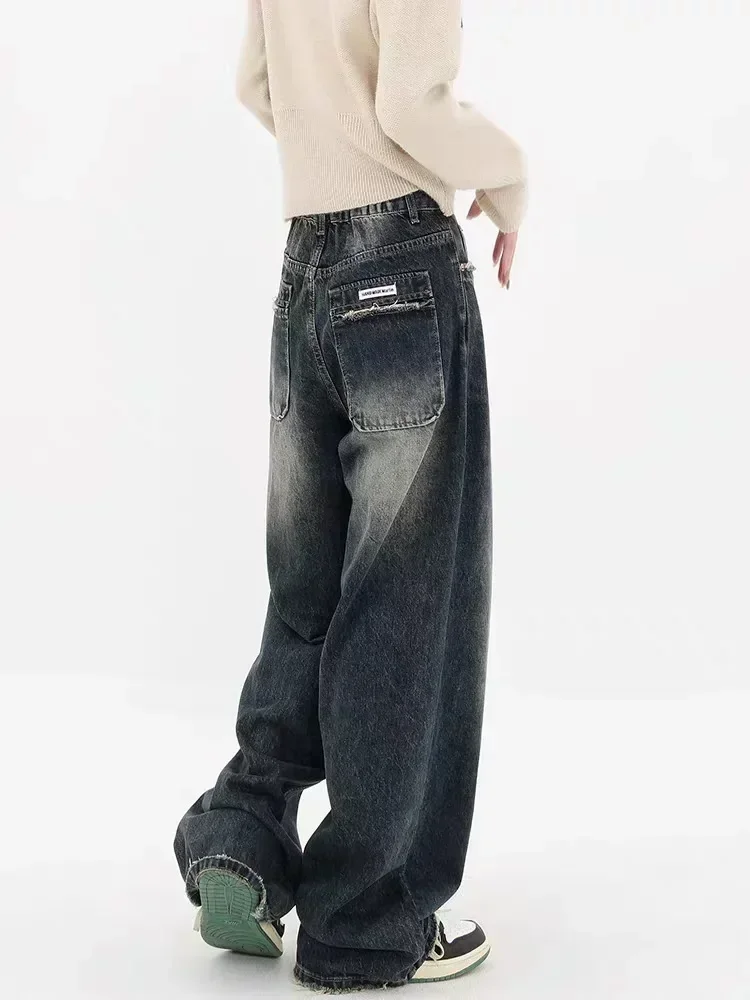 American High Waist Straight Jeans Bein Taille Lose Weites Bein Damen Y2K Washed Grind Hair Distressed Vielseitige Freizeithose