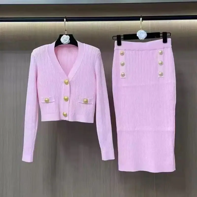 

New Sweet Pink Knitted Women's Two Piece Set Autumn Office Lady Elegant Gold Button V-Neck Short Cardigan + Slim Midi Skirt Suit