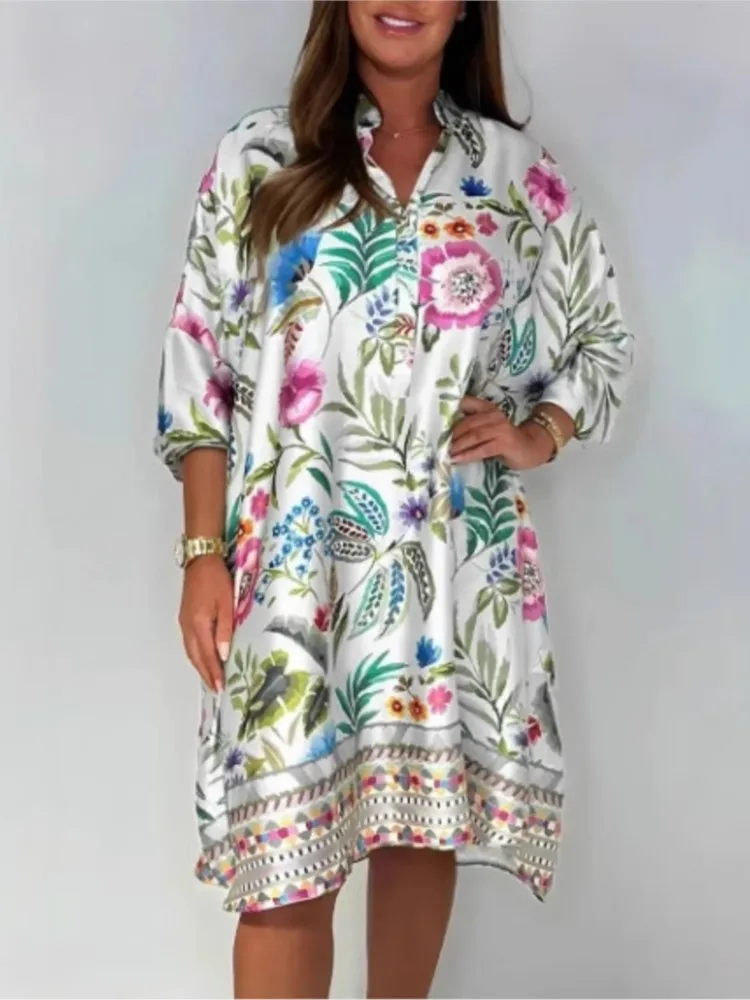 

Fashion V-neck Quarter-sleeved Dress For Women Elegant Spring Summer Flower Printing Loose Casual Holiday Dresses Female 2025