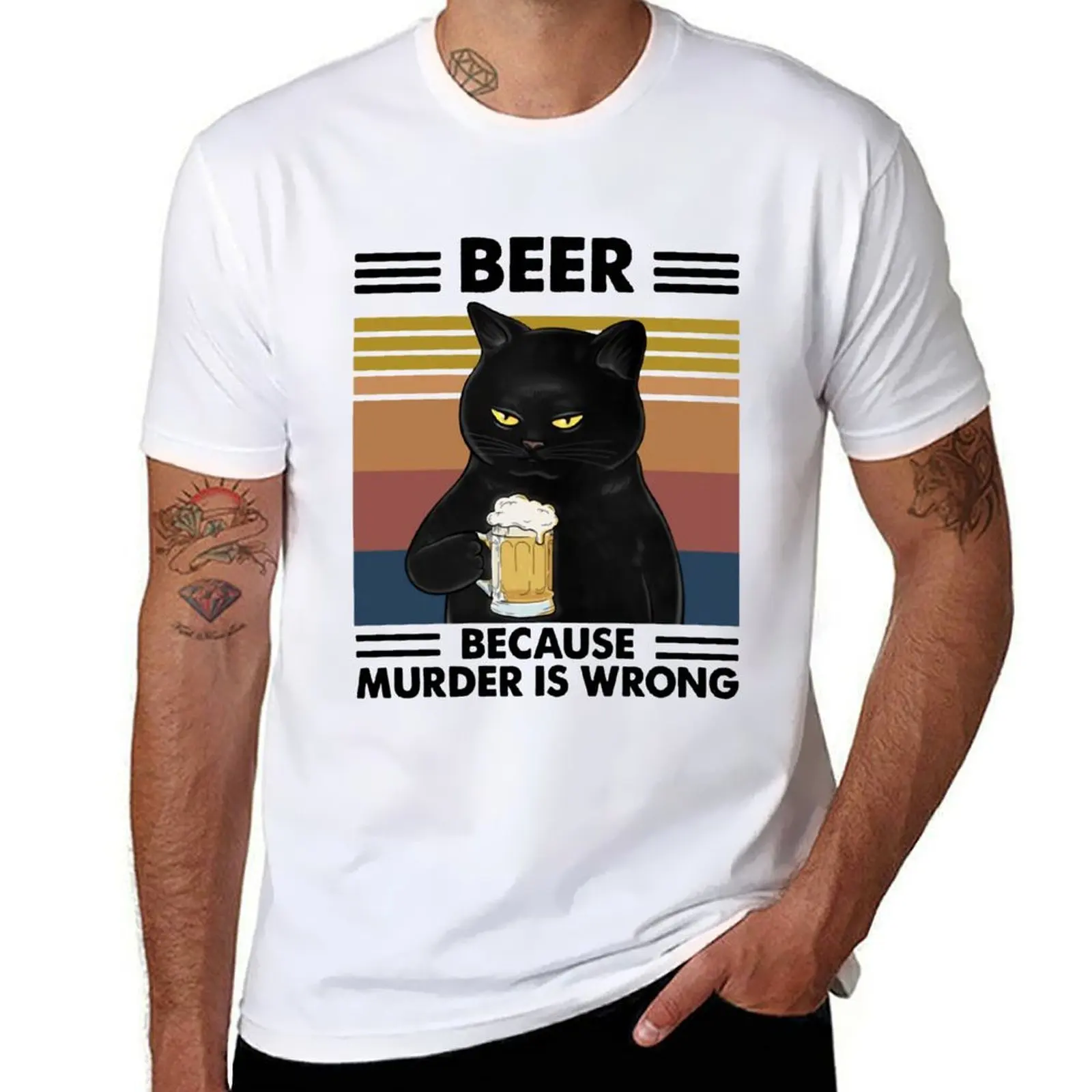 

Funny Black Cat With Beer Vintage Art Beer T-Shirt man t shirts cotton man t shirt cotton high quality T-Shirt