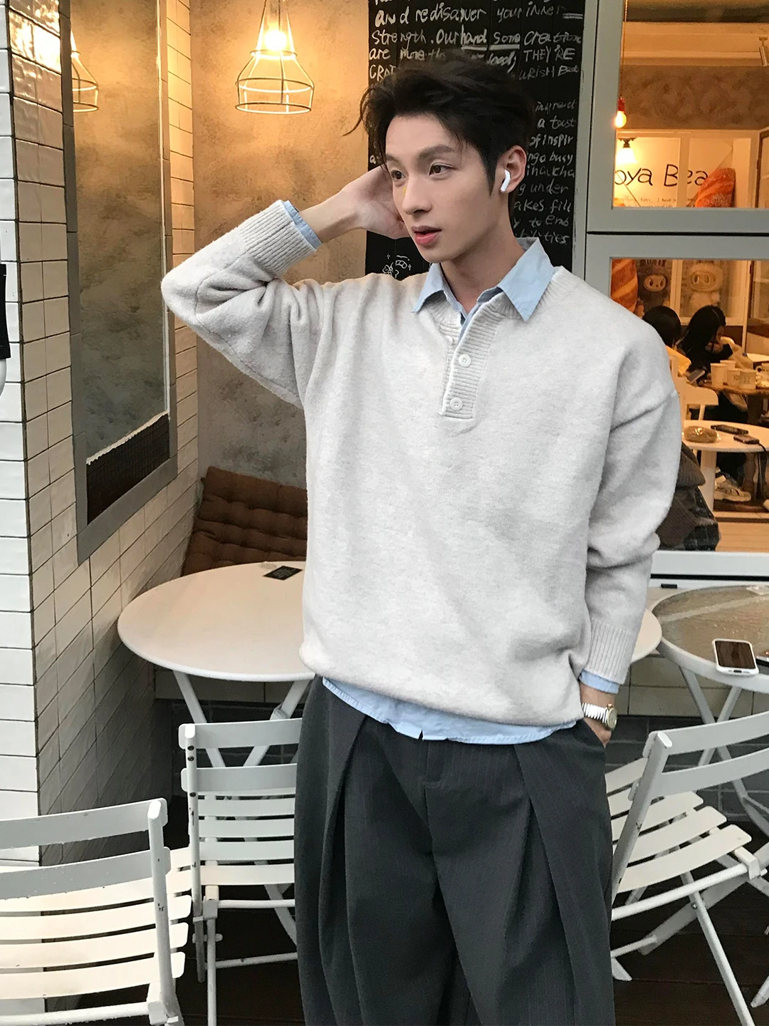 

Светло-серый мужской свитер с воротником хенли, плотный, зимний, в американском стиле, базовый слой, повседневный, свободный крой