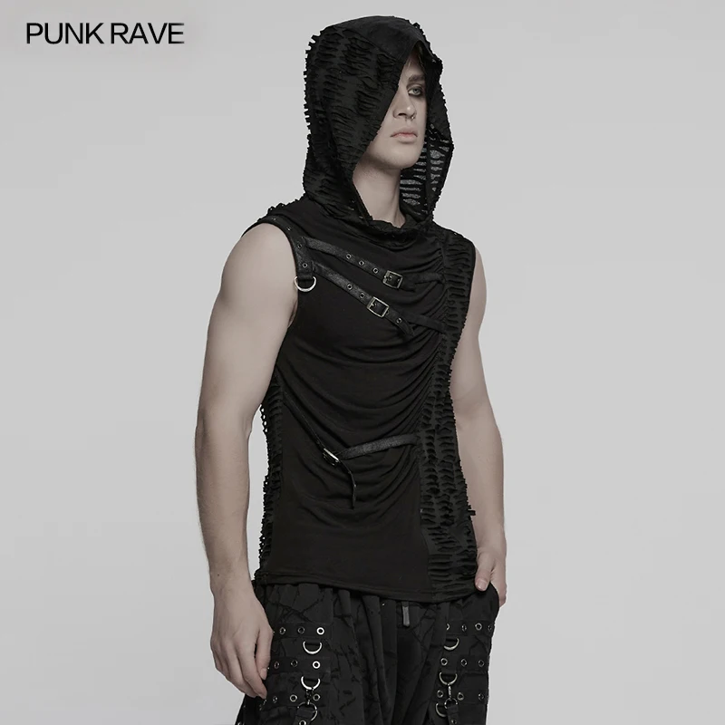 PUNK RAVE Men's Punk Asymmetrical Splicing Pleating Elements Sense of Decadence Vests Hooded Shoulder Rivets Cool Tops