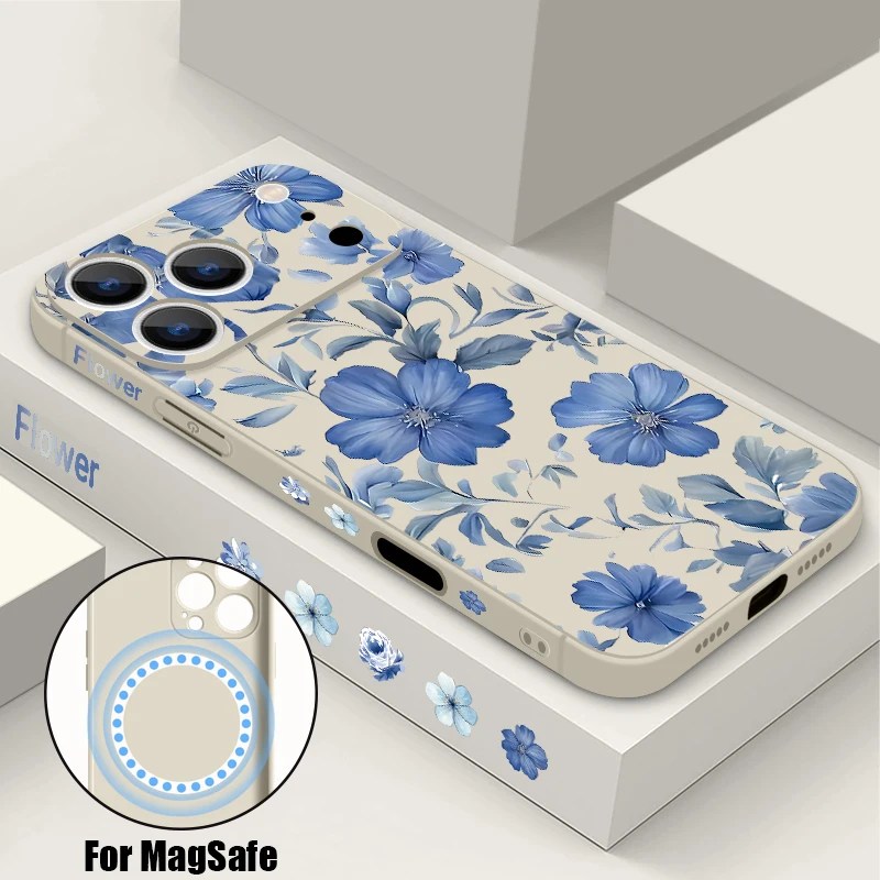 Blaue Blumen Muster Handyhülle für iPhone Air 17 16 15 14 13 12 Pro Max 11 16E magnetisch für Magsafe Wireless Charge Soft Cover