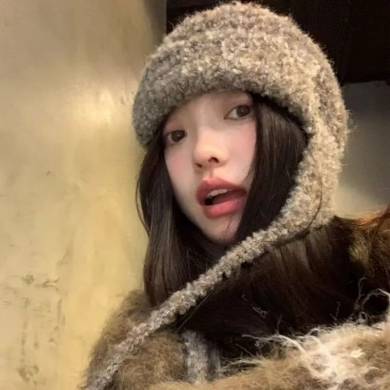Women's Autumn Winter Cute Knit Ear Flap Hat Warm Fleece Beanie Slimming Face Casual Cap