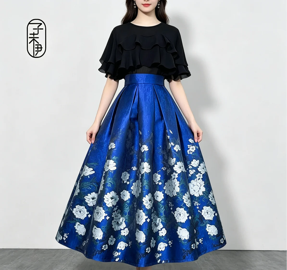High Quality New Spring Autumn Blue Embroidery Jacquard Mid-long Puff Skirt All-match High Waist Elegant A-line Umbrella Skirts