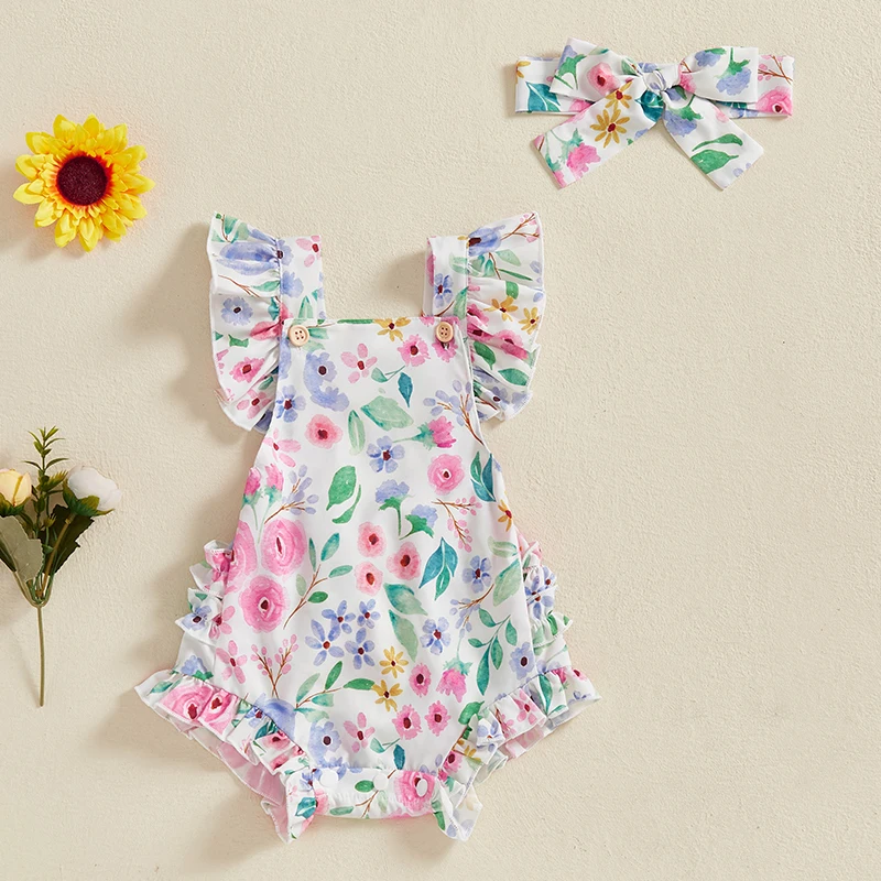 

Tregren 0-18M Newborn Baby Girl Rompers Flower/Bow Print Fly Sleeve Ruffle Trim Bodysuits with Hairband Summer Infant Clothes