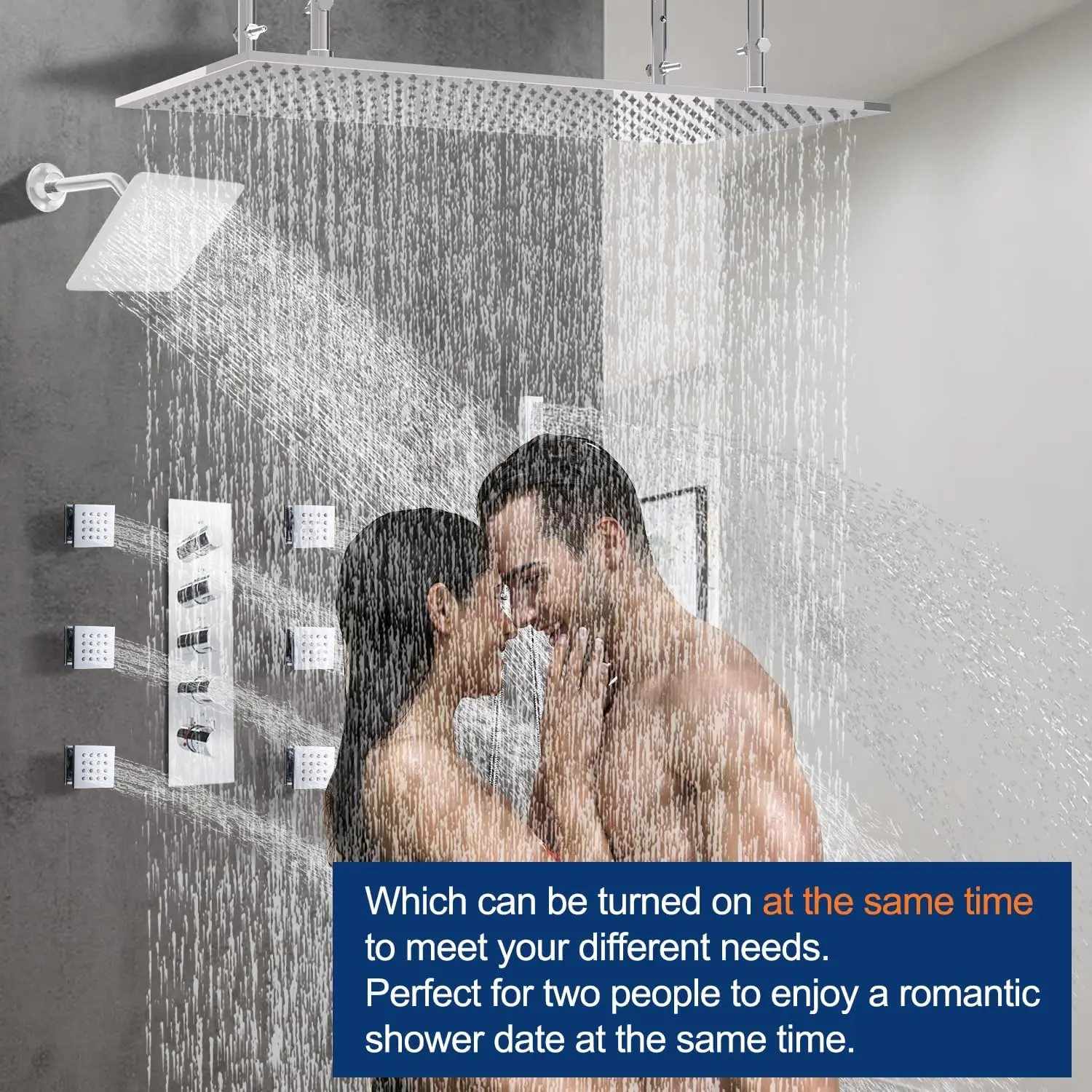 Overhead Shower Set 3 Handle LED 16x32 Inch Ceiling Mount Rainfall 6 Inch Wall Head 4 Function Square Shower Head