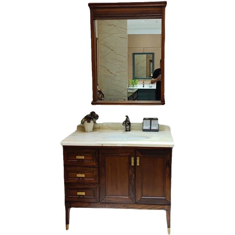 New Chinese Bathroom Cabinet Combination Solid Wood Floor Bathroom Double Basin Washing Table Ebony Combination Customization