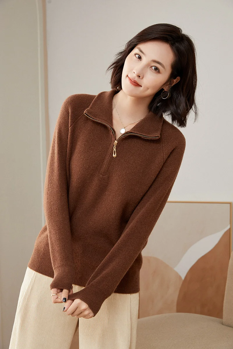 Women's Clothing 2023 Autumn Winter O-Neck Pullover Solid Color Sweater Wool Silk Knit Slim Fit Zippered Long Sleeve Top