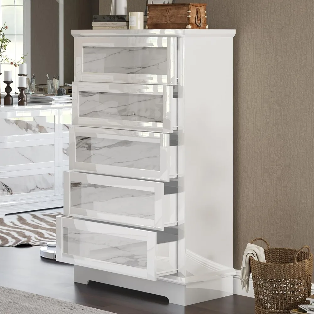 Luxurious 5-Drawer High-Gloss Dresser with Natural Marble Finish - Modern White Bedroom Furniture