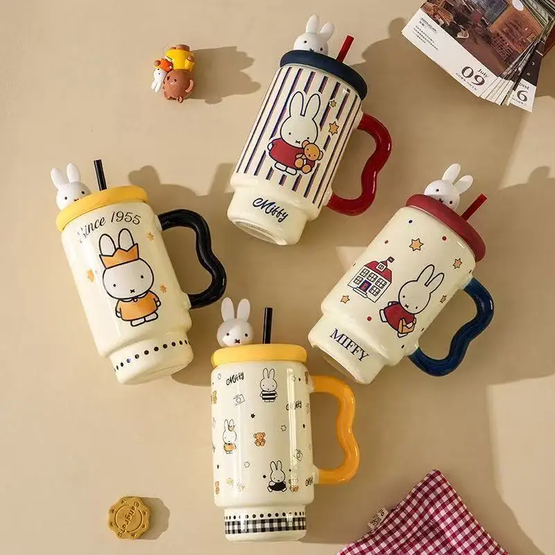 Tasse à paille Miffy en céramique grande capacité, style coréen, pour la maison et le bureau, cadeau surprise de vacances