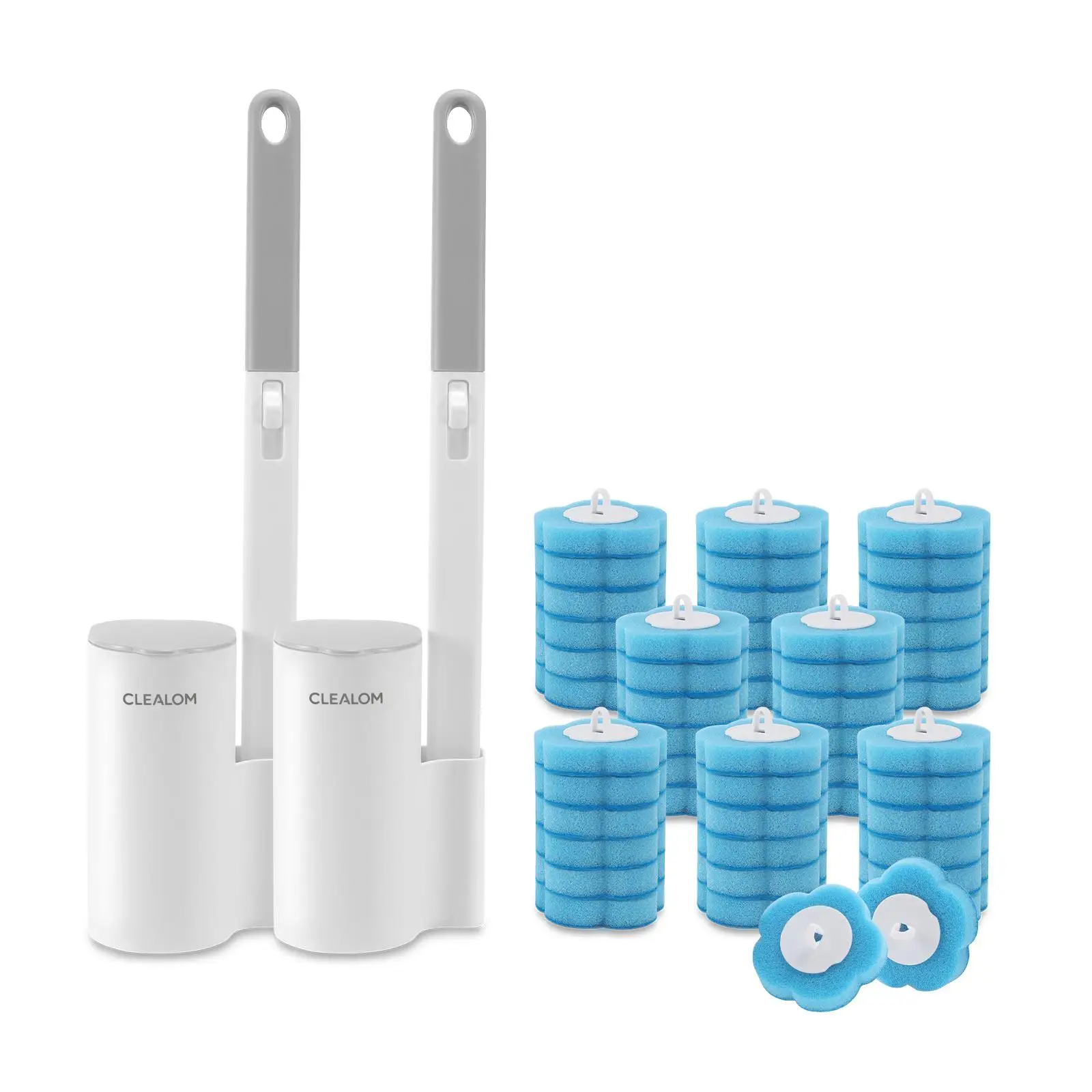 2 Pack Disposable Toilet Brush and Holder Set with 48Pcs Replacement Refill Heads Wall Mounted Extended Handle Toilet Bowl Cleaner Wand Scrubber Bathroom Cleaning Tools for Bathtub Sink