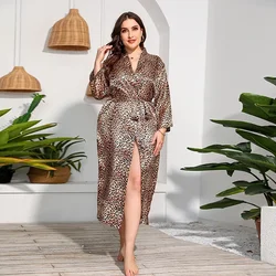 XL-5XL Plus SizeHot selling imitation silk pajamas large-sized long sleeved home clothing women's leopard print jumpsuit pajamas