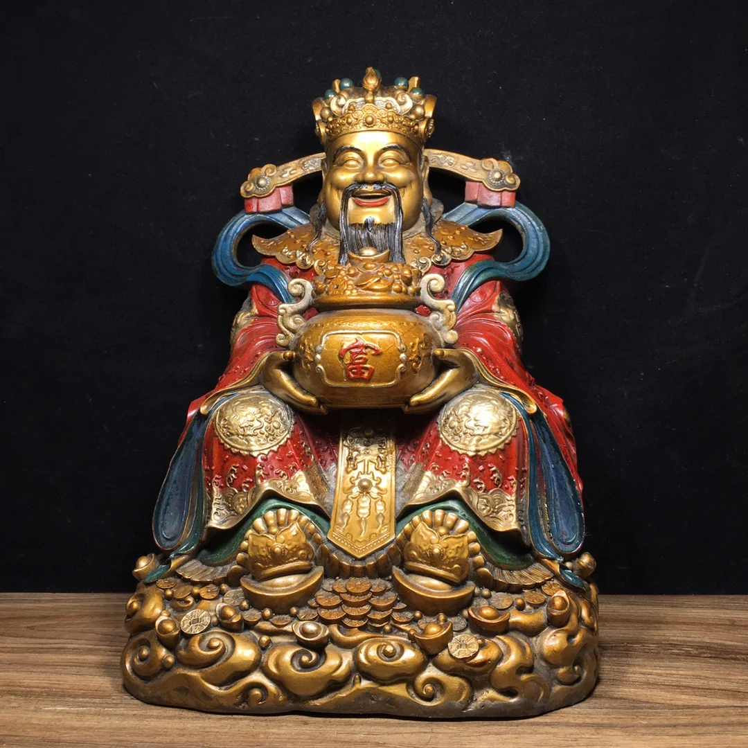 

12"Old China Collections Old Bronze Painted Yuanbao Coins Treasure Bowl God of Wealth Immortal Sitting Buddha Worship Hall