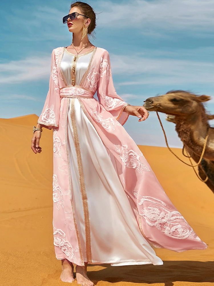 Morocco Party Dress for Women Muslim Two Piece Suit Inner Dress & Abaya Embroidery Flowers Ramadan Caftan Kaftan Vestidos Eid