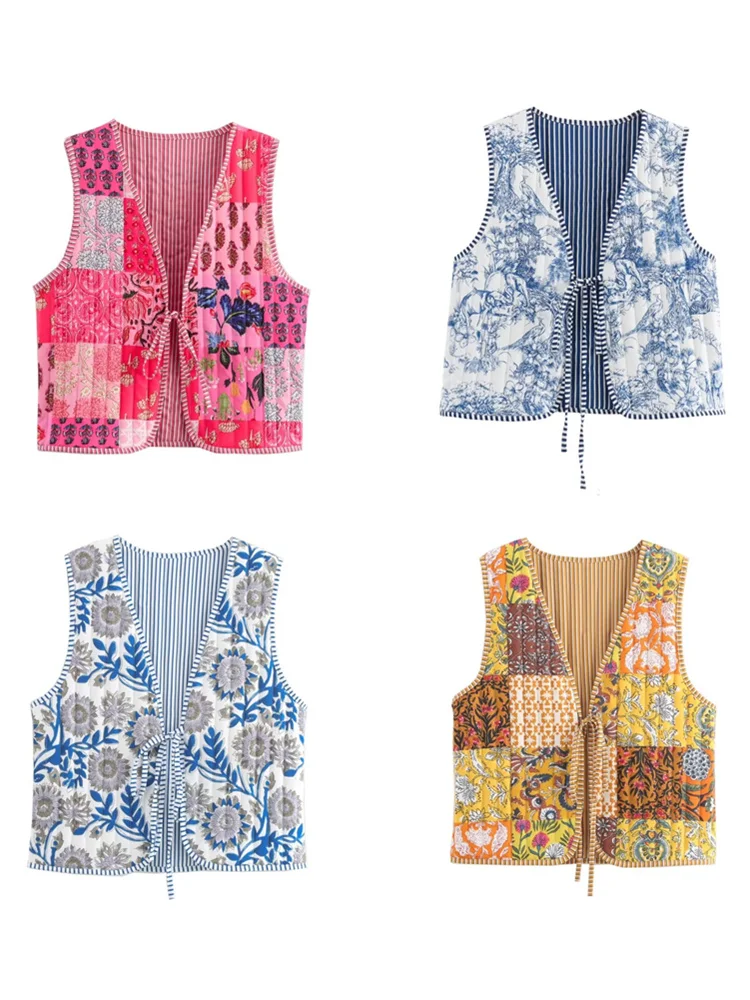 Zevity Women Vintage V Neck Patchwork Floral Print Quilted Cotton Vest Jacket Ladies Retro Lace Up Slim WaistCoat Tops CT6467