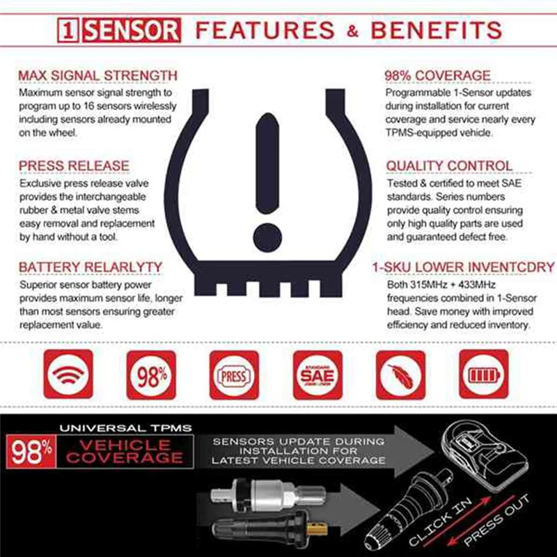 Sensore TPMS programmabile da 4 pezzi sensore 433MHz 315MHZ universale 2 in 1 per sistema di monitoraggio della pressione dei pneumatici AUTEL