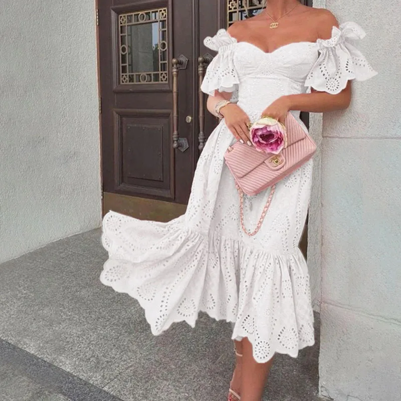 White Party Club Dress Women 2023 Summer Butterfly Short Sleeve V Neck Off The Shoulder Sexy Robe Hollow Out Shirring Dress